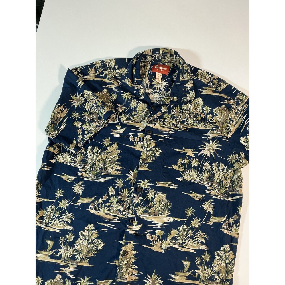 Pau Hana Hawaiian Men's Blue Tropical Scenic Palm Tree Aloha Camp Shirt Size XL